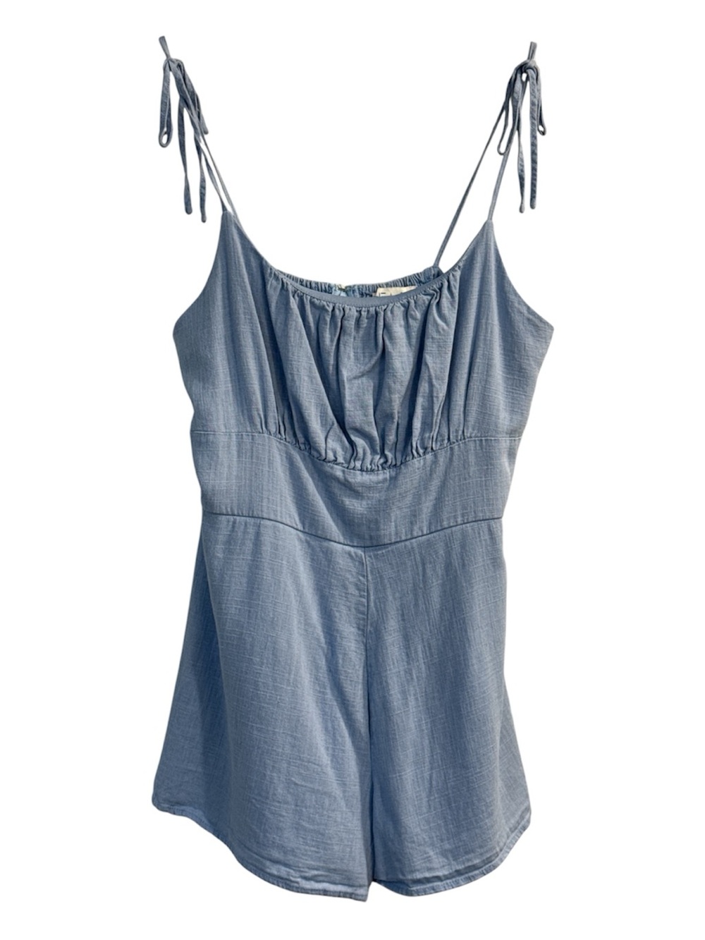 She + Sky Light Blue Cottagecore Empire Waist Spaghetti Strap Short Romper Linen